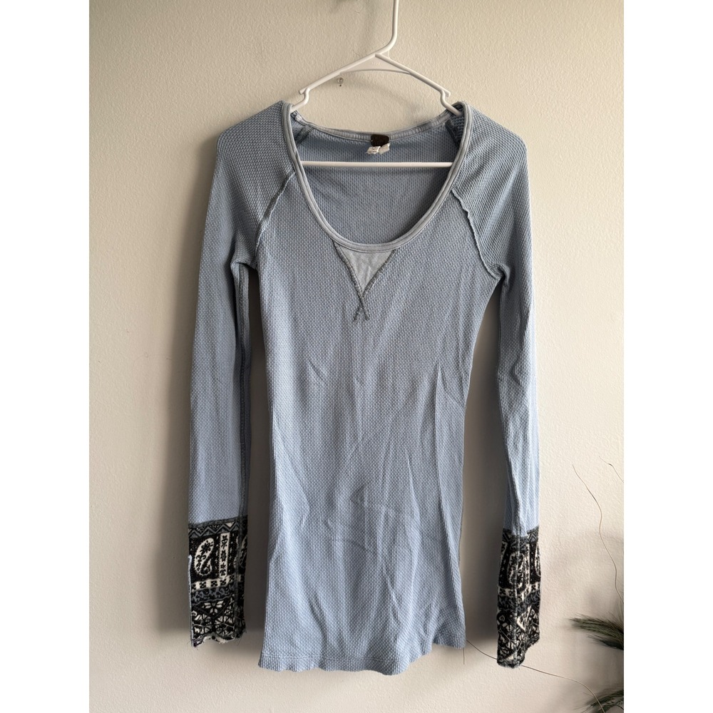 We The Free Free People Light Blue Waffle Knit Thermal Mixed Print Studded Cuffs